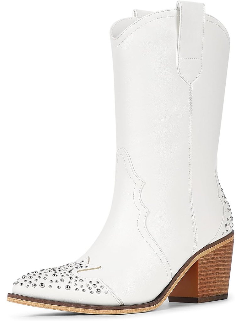 Women's White Cowgirl Boot Mid Calf Studded Pointed Toe Western With Side Zipper